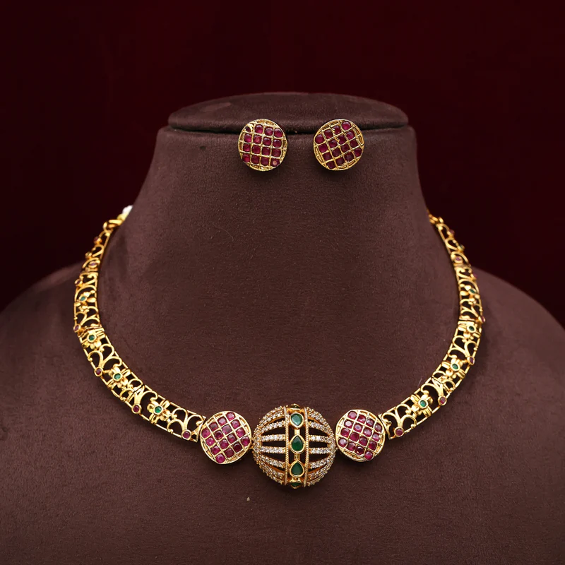 Antique Gold AD Embossed Balls Hasli Necklace set